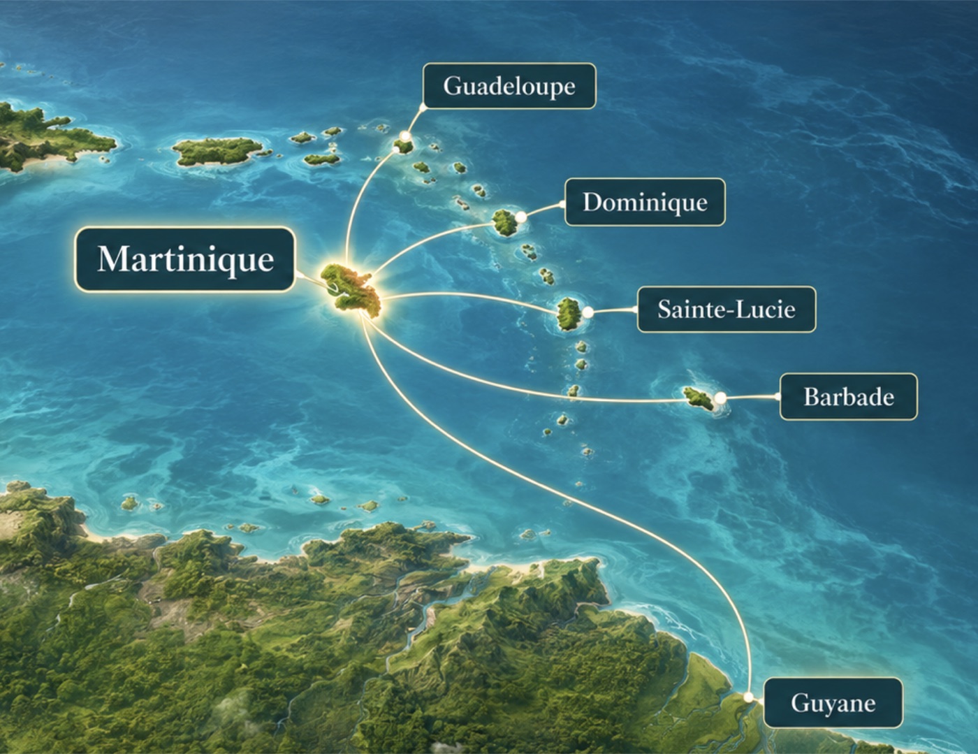 Carte de la Caraïbe : la Martinique reliée à la Guadeloupe, la Dominique, Sainte-Lucie, la Barbade et la Guyane